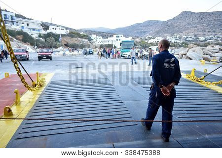 Sikinos, Cyclades / Greece / September 19 2018 : The Ferry Docks At The Island Of Sikinos.  The Ramp