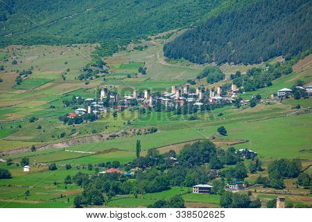 Beautiful View From Svaneti, Castles In Old Village. Mulakhi, Georgia.