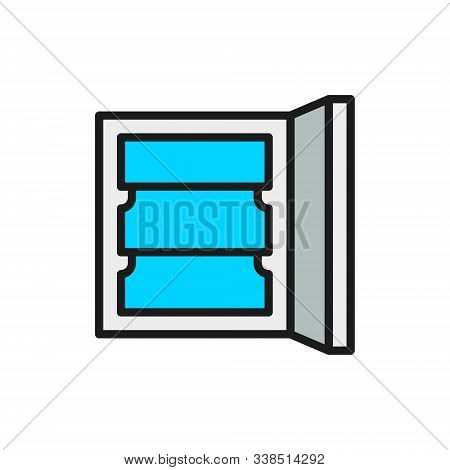 Vector Fridge, Freezer With Shelves Flat Color Line Icon.