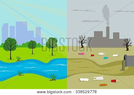 Ecology Cartoon Comparative Concept Of A Clean Planet And Polluted Due To Industrial Pollution. Vect