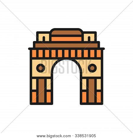 Triumphal Arch Gate Of India To New Delhi Flat Color Line Icon.