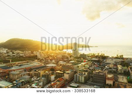 Patong Beach And City Life Sunset Time In Thailand Phuket Island Drone Flight