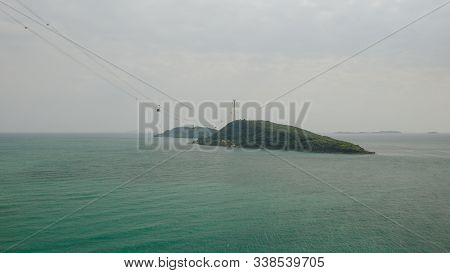 Cable Car Fanicular To Pinepple Island In Vietnam, Drone Shot