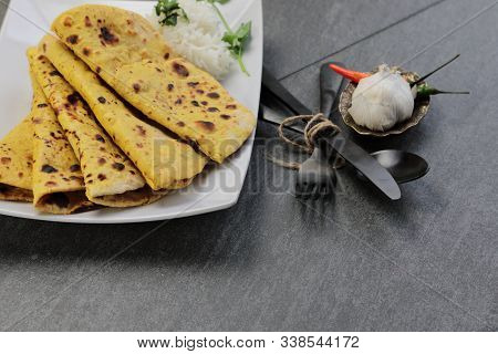 Home Made Gluten Free Chickpea Flour Roti Or Besan Roti Or Chapati Or Bread On A Plate .