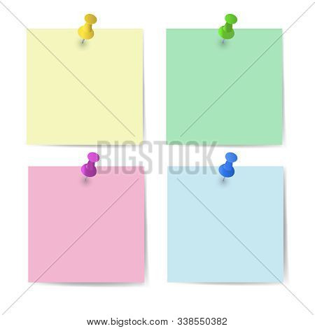 Memo Paper With Pins For Office Paperwork. Fastener, Paperclip With Blank Notepaper. Attaching Binde