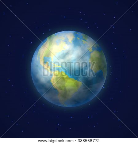 Earth Planet With Green Continents And Ocean On Deep Blue Background. Third Planet Of Solar System. 