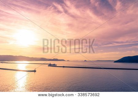 Takamatsu, Japan - 25 Sep 2019 : The view of Takamatsu Bay and City while the sun is setting.