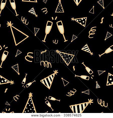 Vector Gold Party Celebration Hand Drawn Seamless Pattern