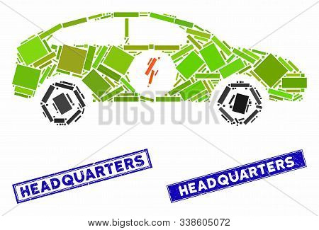 Mosaic Electric Car Icon And Rectangle Headquarters Stamps. Flat Vector Electric Car Mosaic Icon Of 