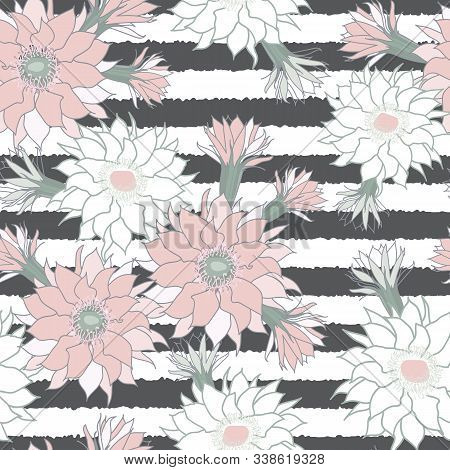 Vector Succulent Flower Grey Striped Background Seamless Pattern Print