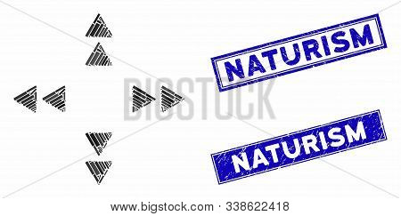 Mosaic Move Out Triangles Icon And Rectangular Naturism Seal Stamps. Flat Vector Move Out Triangles 