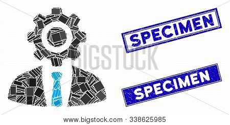 Mosaic Worker Icon And Rectangle Specimen Seal Stamps. Flat Vector Worker Mosaic Icon Of Randomized 