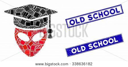 Mosaic Alien Scientist Icon And Rectangle Old School Stamps. Flat Vector Alien Scientist Mosaic Icon
