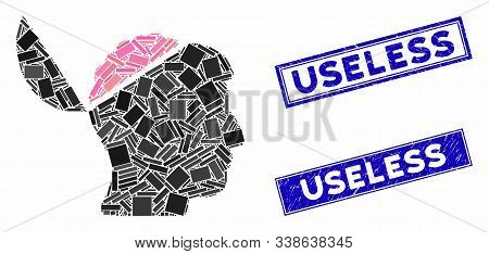 Mosaic Open Brain Pictogram And Rectangular Useless Seal Stamps. Flat Vector Open Brain Mosaic Picto