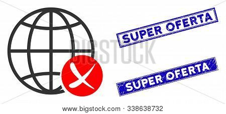 Flat Vector Stop Global Web Icon And Rectangle Super Oferta Seals. A Simple Illustration Iconic Desi