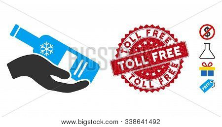 Vector Free Vodka Bottle Icon And Corroded Round Stamp Seal With Toll Free Caption. Flat Free Vodka 