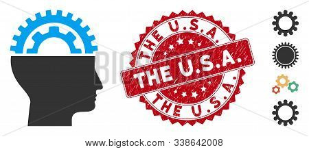 Vector Gear Engineer Icon And Rubber Round Stamp Watermark With The U.s.a. Caption. Flat Gear Engine