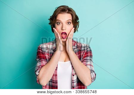 Portrait Of Impressed Girl Hear Incredible News Touch Hands Cheeks Feel Impressed Emotions Wear Good