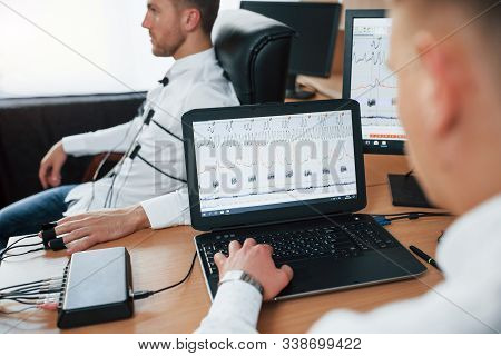 You Dont Had To Broke That Window Arent You. Suspicious Man Passes Lie Detector In The Office. Askin