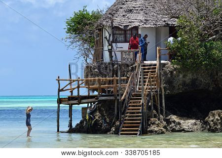Pingwe, Zanzibar - October 6, 2019: Tourists Visit The Rock Restaurant. It Is World-famous Restauran