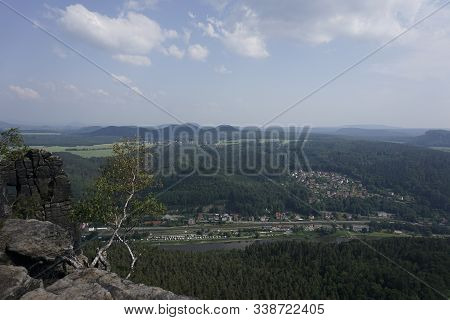 View From The Lilienstein Mountain Over The Beautiful And Hilly Landscape Of Saxon Switzerland, Germ