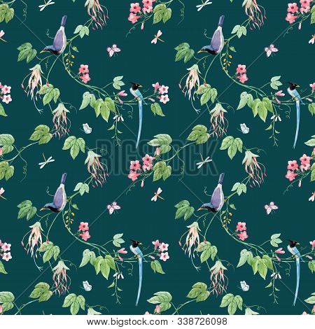 Watercolor Vector Floral Pattern With Blue Birds Of Paradise And Pink Delicate Flowers. Stock Illust