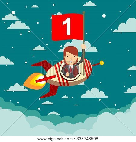 Happy Businessman On A Rocket Ship Launching To Starry Sky. Start Up Business Concept. Stock Flat Ve
