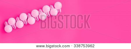Banner With Popular Color Pink. Lamps, Led Lamps And Fluorescent Lamps On Pink Tinted. Large Set Of 