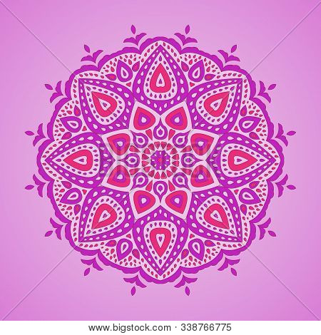 Vector Illustration Of Ornamental Mandala On Purple Background.