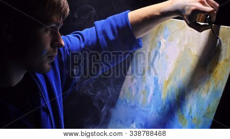 Artist Copyist Paint Seascape With Ship In Ocean. Vaper Smoke Vape E-cigarette. Craftsman Decorator 