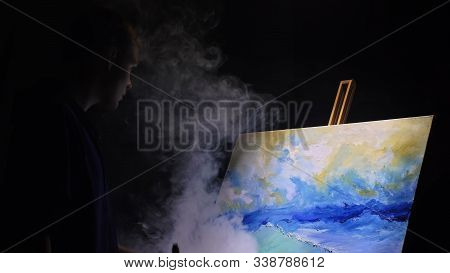 Artist Copyist Paint Seascape With Ship In Ocean. Vaper Smoke Vape E-cigarette. Craftsman Decorator 