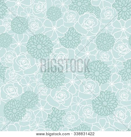 Floral Vector Repeat Pattern With White And Green Flowers On Light Green Background. One Of 