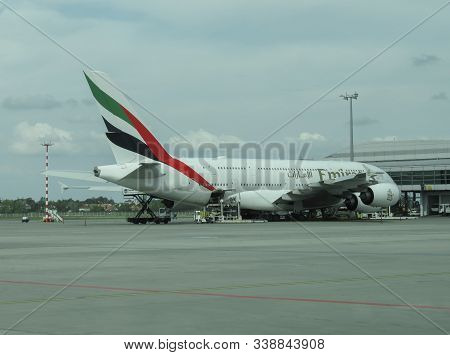 Milan Malpensa, Italy - Circa September 2019: World Biggest Passenger Aircraft Airbus A380 Of The Em