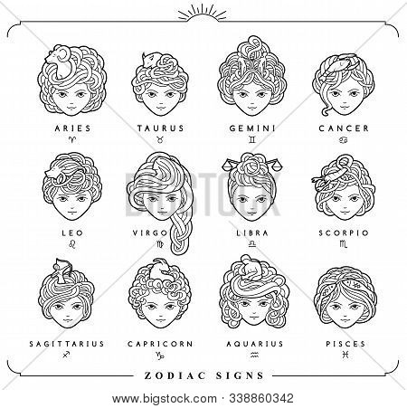 Vector Illustration Of The Girls With Beautiful Hair. Zodiac Sign, Prediction, Future, Astrology. Fo