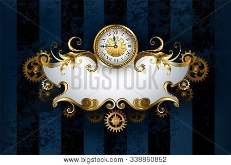 Jewelry, Patterned Banner With Antique Watches, Decorated With Gold And Brass Gears On Dark Blue, Te