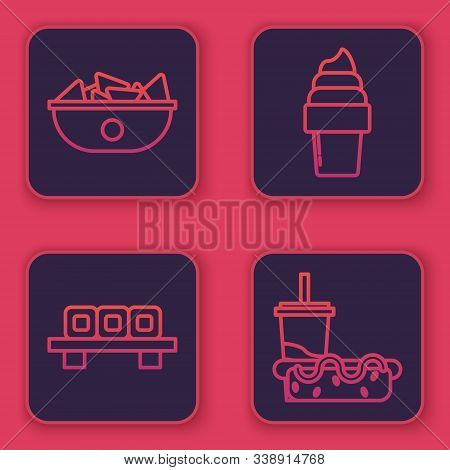 Set Line Nachos In Plate, Sushi On Cutting Board, Ice Cream In Waffle Cone And Paper Glass With Drin
