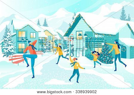Having Fun Outdoors In Winter. Happy United Family Spending Precious Time Together In Festive Suburb
