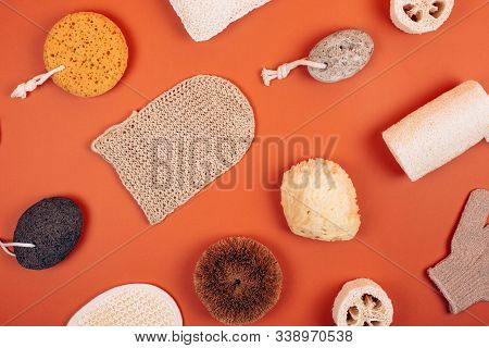 Different Types Of Zero Waste Sponges For Body Care. Concept Of Eco Friendly Supplies For Self-care.