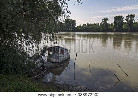 Novi Becej, Tisa River, Serbia, May 14, 2017. Damaged And Sunk Yacht That Sank. The Boat Is Moored T