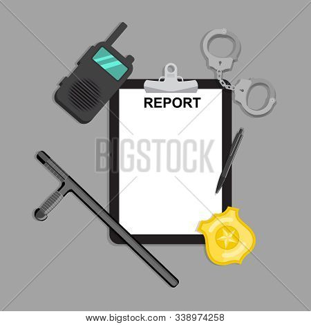 Traditional Police Items Set. Cartoon Stylized Blank For Arrest Warrant Handcuffs Walkie-talkie Stic