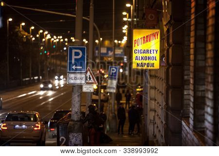 Prague, Czechia - November 3, 2019: Convenience Store (potraviny) Selling Alcohol, Drinks, Cigarette