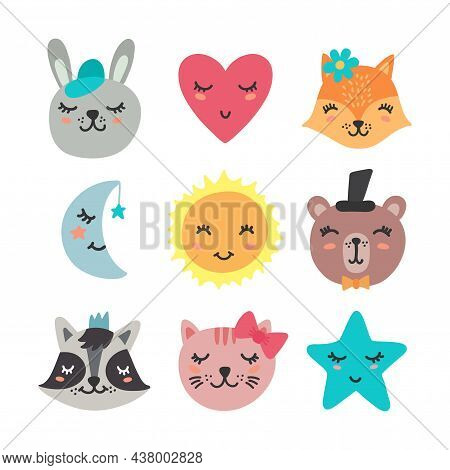 Set Of Cute Cartoon Animals And Elements.vector Illustration Isolated On White Background.