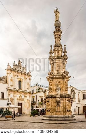 Nardo,italy - September 4,2021 - View At The Column From 18th Century In Place Salandra Of Nardo. Na