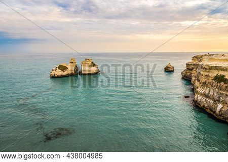 View At The Rock Formation Due Sorelle In Torre Del Orso On The Shores Of The Adriatic Sea In Italy