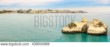 Panoramic View At The Rock Formation Due Sorelle In Torre Del Orso On The Shores Of The Adriatic Sea