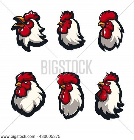 Set Of Six Chicken Rooster Mascot Logo Design Illustration Vector Isolated On White Background
