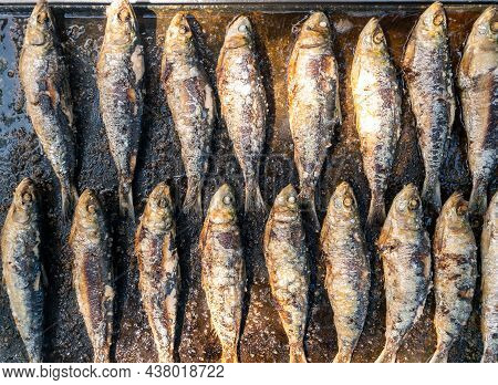 Grilled Sardines On Grill Plate. Prepared Spanish Pilchard Style At Garden Home
