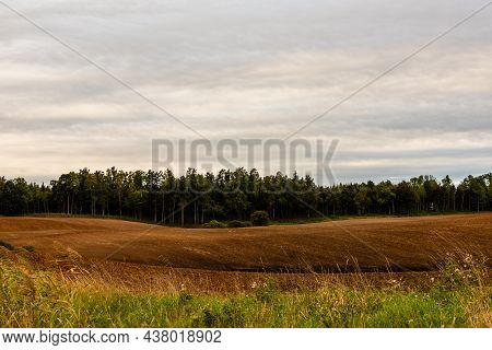Autumn Brown Wavy Fields In Latvia. Scenic Fall Day At Brown Ground With Sky, Grey And Blue, And Gra