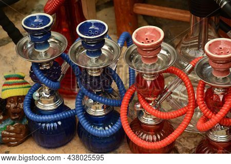 Hookahs On Display At The Arabic Bazaar, Old City Of Akko, Israel.  Muslim Market Of Acre. Nargilas 