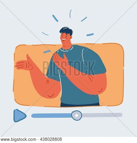 Vector Illustration Of Videoblogger On A Screen. Young Man, Vlogger With Video Content, Online.